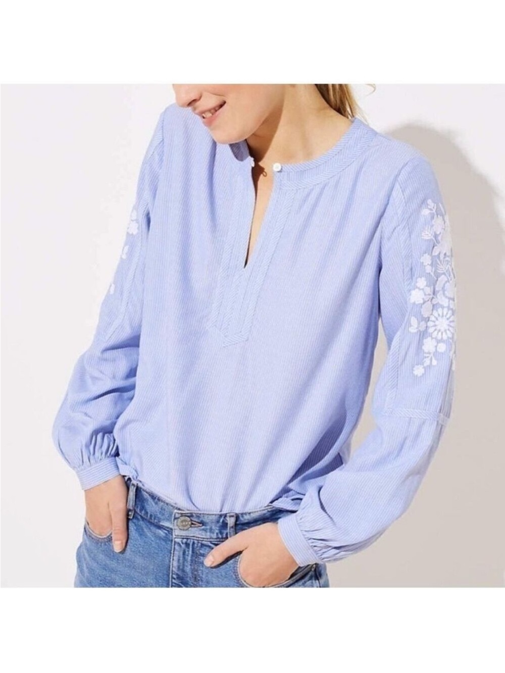 LOFT Light Blue Floral-Embroidered Peasant Top